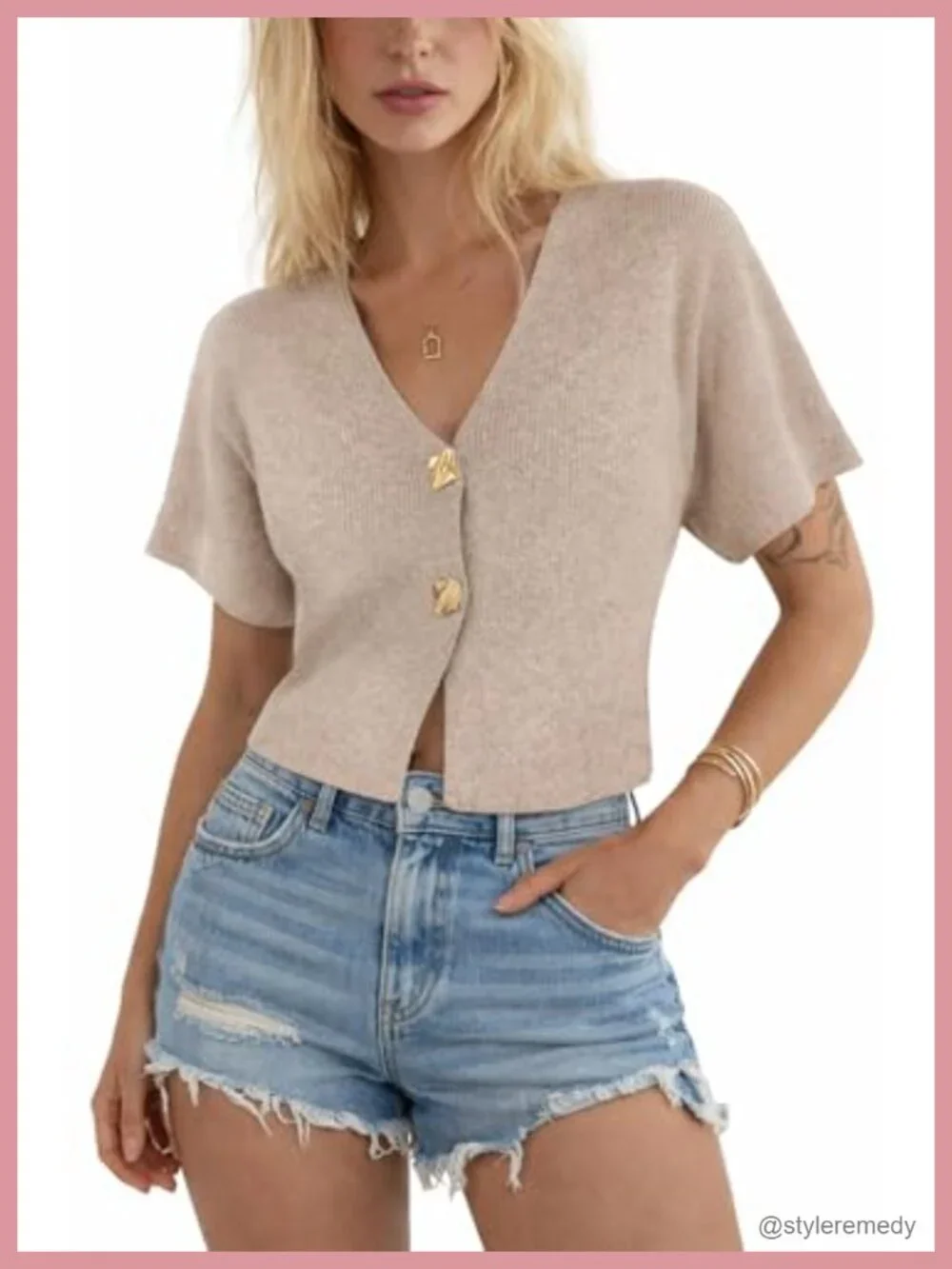 Cropped Knit Cardigan Top Short Sleeve V-Neck Button Front Lightweight Spring